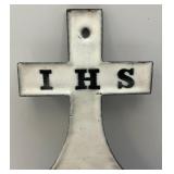 Heavy Cast Metal Porcelain Lined Holy Water Hanging Font/Stoupe 9 1/2" x 12 1/2"
