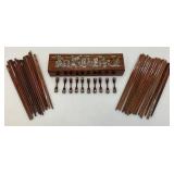 Exquisite Large Group Of Wooden Oriental Chop Sticks With Ornate Wooden Box With Mother Of Pearl In lays