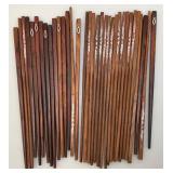 Exquisite Large Group Of Wooden Oriental Chop Sticks With Ornate Wooden Box With Mother Of Pearl In lays