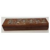 Exquisite Large Group Of Wooden Oriental Chop Sticks With Ornate Wooden Box With Mother Of Pearl In lays