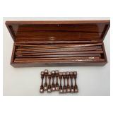 Exquisite Large Group Of Wooden Oriental Chop Sticks With Ornate Wooden Box With Mother Of Pearl In lays