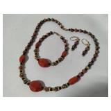 14K 1/20 Carnelian Beaded Necklace, Bracelet & Earring Set