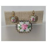 Pink Rose Guilloche Enamel Floral Brooch & Earring Set