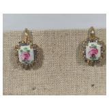 Pink Rose Guilloche Enamel Floral Brooch & Earring Set