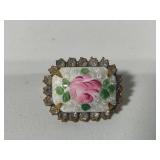 Pink Rose Guilloche Enamel Floral Brooch & Earring Set