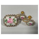 Pink Rose Guilloche Enamel Floral Brooch & Earring Set