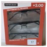 Foster grant half rim metal readers +3.00 D 3 glasses black