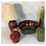 Pottery Collection - Burgundy & Greens - Lamp, Vases and Bowl
