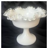 Fenton Silver Crest Milk Glass Ruffled Pedestal Bowl
