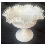 Fenton Silver Crest Milk Glass Ruffled Pedestal Bowl
