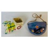 Vintage Japanese Hand Painted Hanging Flower Frog and Donkey with Cart Ceramic Planter