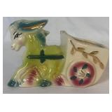 Vintage Japanese Hand Painted Hanging Flower Frog and Donkey with Cart Ceramic Planter