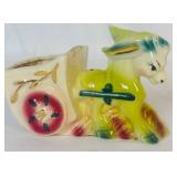 Vintage Japanese Hand Painted Hanging Flower Frog and Donkey with Cart Ceramic Planter
