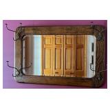 Antique Mirror - Dark Wood Frame with Integrated Coat / Hat Hooks