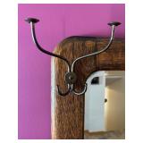 Antique Mirror - Dark Wood Frame with Integrated Coat / Hat Hooks