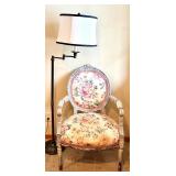 Armchair & Floor Lamp - Floral Upholstery, Distressed Pale Gray Frame