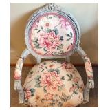 Armchair & Floor Lamp - Floral Upholstery, Distressed Pale Gray Frame