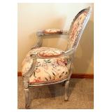 Armchair & Floor Lamp - Floral Upholstery, Distressed Pale Gray Frame