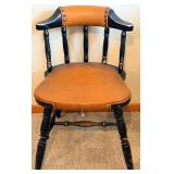 Chair & Table Lamp - Vintage Black Wood Chair with Leather Seat; Table Lamp with Bronze-Toned Base and Beige Shade