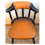 Chair & Table Lamp - Vintage Black Wood Chair with Leather Seat; Table Lamp with Bronze-Toned Base and Beige Shade