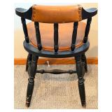 Chair & Table Lamp - Vintage Black Wood Chair with Leather Seat; Table Lamp with Bronze-Toned Base and Beige Shade