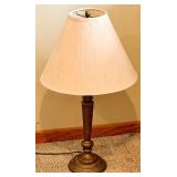 Chair & Table Lamp - Vintage Black Wood Chair with Leather Seat; Table Lamp with Bronze-Toned Base and Beige Shade