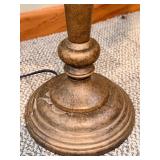 Chair & Table Lamp - Vintage Black Wood Chair with Leather Seat; Table Lamp with Bronze-Toned Base and Beige Shade