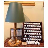 Vintage Golf Club Lamp with Green Shade & Golf Balls in Display Rack
