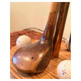 Vintage Golf Club Lamp with Green Shade & Golf Balls in Display Rack