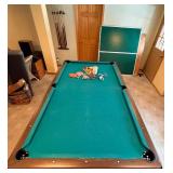 Pool Table - Green Felt, Wood Frame w/ Cues & Balls and Includes a Ping-Pong Table Top with Net and Accessories