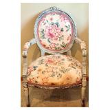 Armchair & Floor Lamp - Floral Upholstery, Distressed Pale Gray Frame