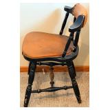 Chair & Table Lamp - Vintage Black Wood Chair with Leather Seat; Table Lamp with Bronze-Toned Base and Beige Shade