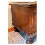 Antique Wooden Cedar Storage Chest - Lift-Top, Carved Front, Bun Feet