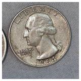 3 Washington 25c, 1964,1964,1942