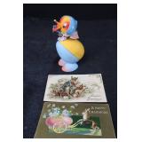 Chick Figurine & Vintage Easter Postcards
