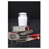 Vintage Kitchen Utensil Set - Enamel Milk Can & Metal Tools
