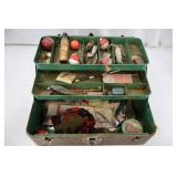 Fishing tackle box & rusted chest - Vintage green tackle box with lures