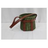 Green Wicker Basket Bag with Brown Leather Straps