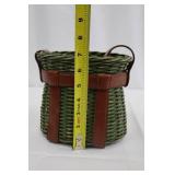 Green Wicker Basket Bag with Brown Leather Straps