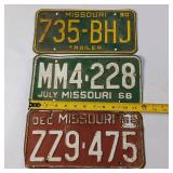 Missouri License Plates – Raised Numbers – Vintage 62, 68 & 90 trailer plate