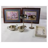Standish Solid Pewter Cream Pitcher & Sugar bowl, Silver Plate Goblet Set, Drink Charms & Floral Framed Prints