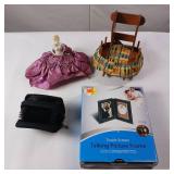 Doll house Thread Holder and Vintage Pin Cushion and Suede wallet with touchscreen talking picture frame