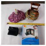 Doll house Thread Holder and Vintage Pin Cushion and Suede wallet with touchscreen talking picture frame