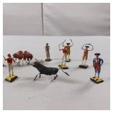 15 pc Rare Bull Fighting Set Miniature Clay and Wire Figures