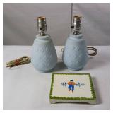 German Black Forest Hand Painted Trivet plus two 8 inch Lamps