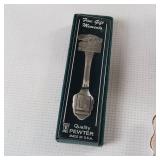 Vintage cigarette box with matching ashtray, opalescence finish. Cuter collectible spoon from Williamsburg Virginia Wetherburn