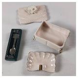 Vintage cigarette box with matching ashtray, opalescence finish. Cuter collectible spoon from Williamsburg Virginia Wetherburn