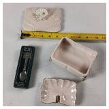 Vintage cigarette box with matching ashtray, opalescence finish. Cuter collectible spoon from Williamsburg Virginia Wetherburn