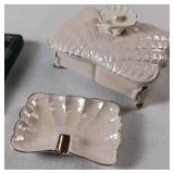 Vintage cigarette box with matching ashtray, opalescence finish. Cuter collectible spoon from Williamsburg Virginia Wetherburn