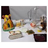 Heavy cut crystal - Large lot of glass Mason Jar Lids - mortar pestle - Vintage Make Up - Nieman Marcus Mirror - Dutch Collectible - Red Wing